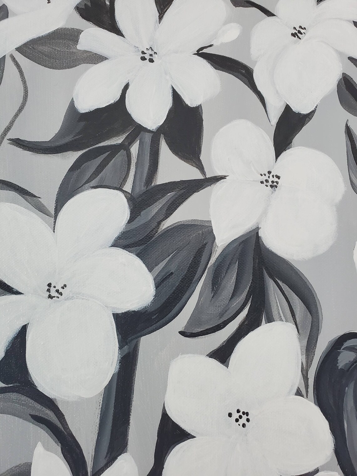 Black and White Flower Painting Original Handmade Plant Art Etsy