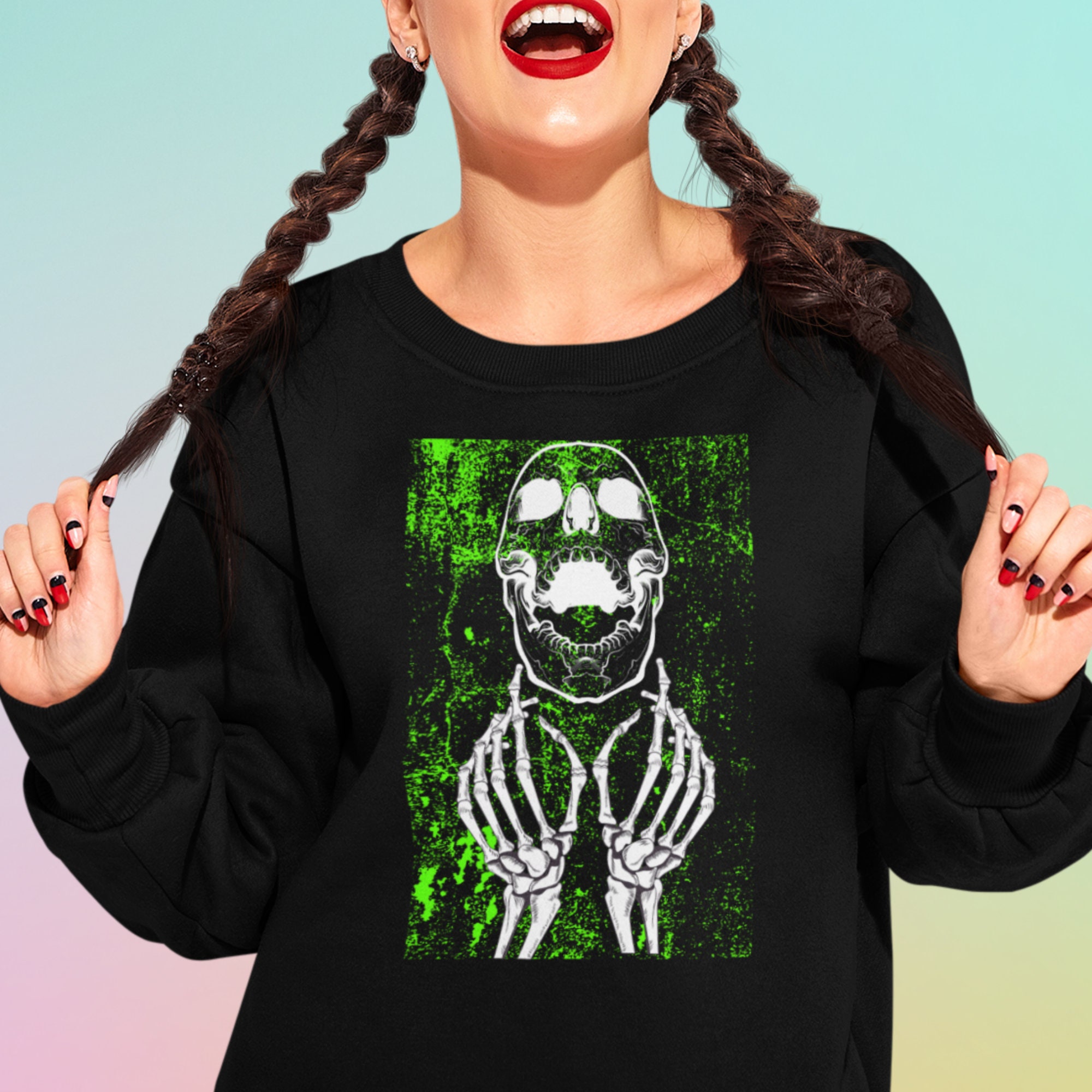 Emo Grunge Sweater Emo Sweatshirt Skull Shirt Black Green Etsy