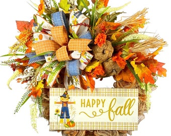 Scarecrow Fall Wreath, Autumn Wreath, Harvest Wreath, Welcome Wreath, housewarming gift, eclectic, Thanksgiving, denim, straw,