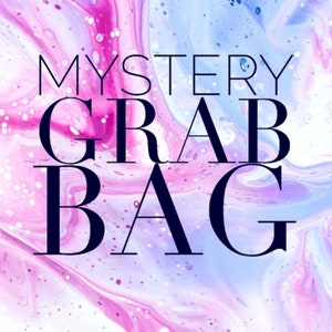 May include: A graphic design with the text "MYSTERY GRAB BAG" in black text on a pink and blue abstract background.