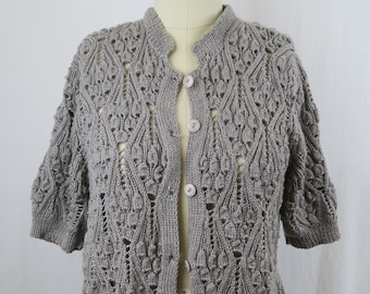 Vintage Handknit Grey Lace Knit Short Sleeve Cardigan Retro Cottage Core Dark Academia 40s