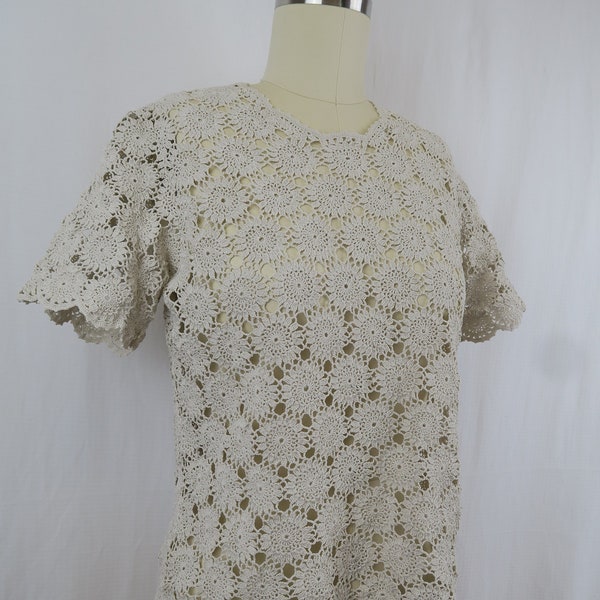 Vintage Cream Beige Crochet Matching Top Cardigan Set Cottagecore Boho Dark Academia