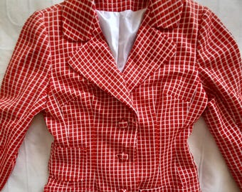 Vintage 1970s Retro Orange Checked Patterned Blazer Jacket