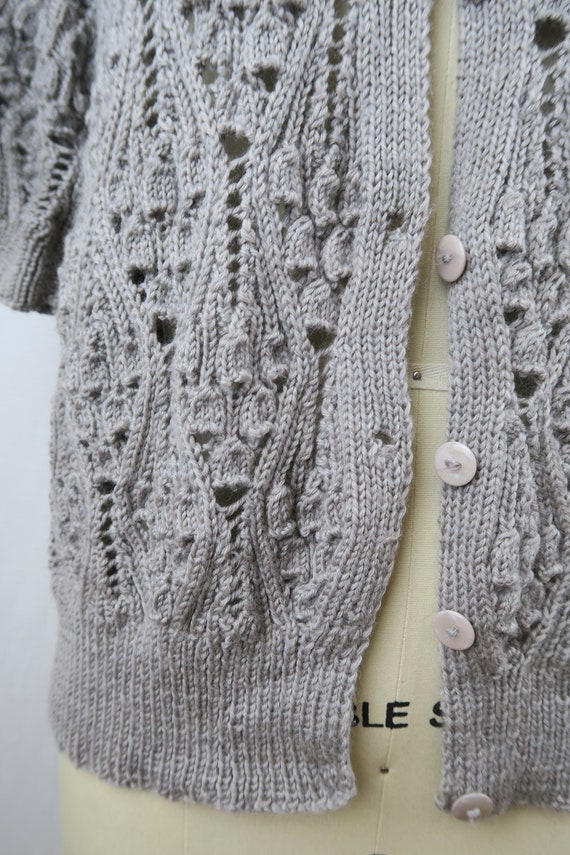 Vintage Handknit Grey Lace Knit Short Sleeve Card… - image 7
