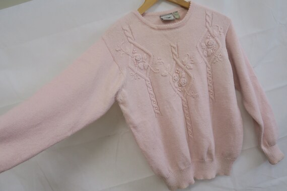 Vintage Pale Pink Rose Embroidered Knit Jumper Sw… - image 6