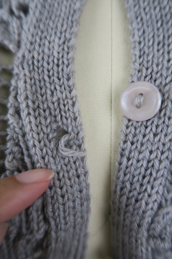 Vintage Handknit Grey Lace Knit Short Sleeve Card… - image 9