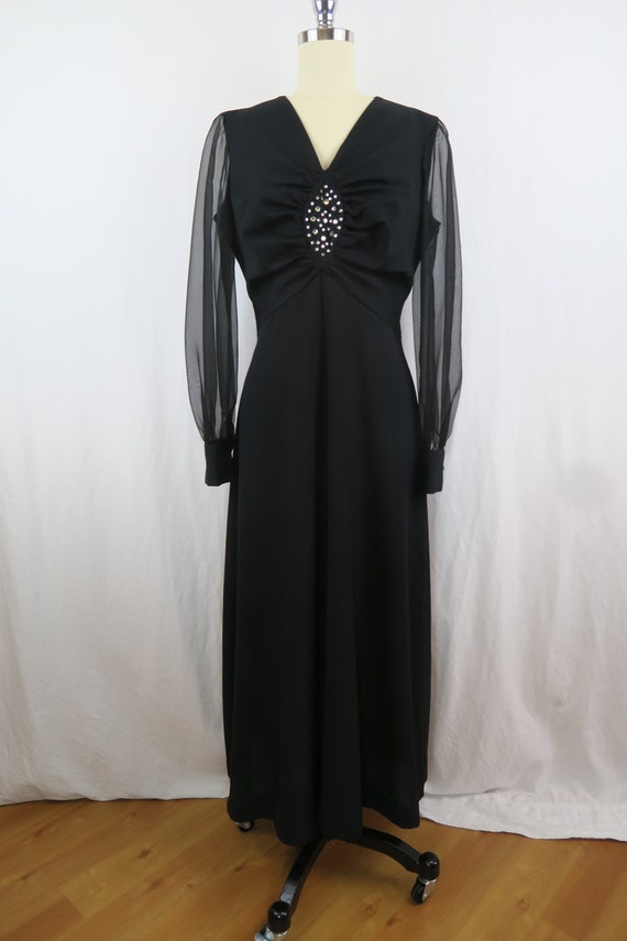 Vintage 1970s Black Evening Formal Dress Sheer Lon