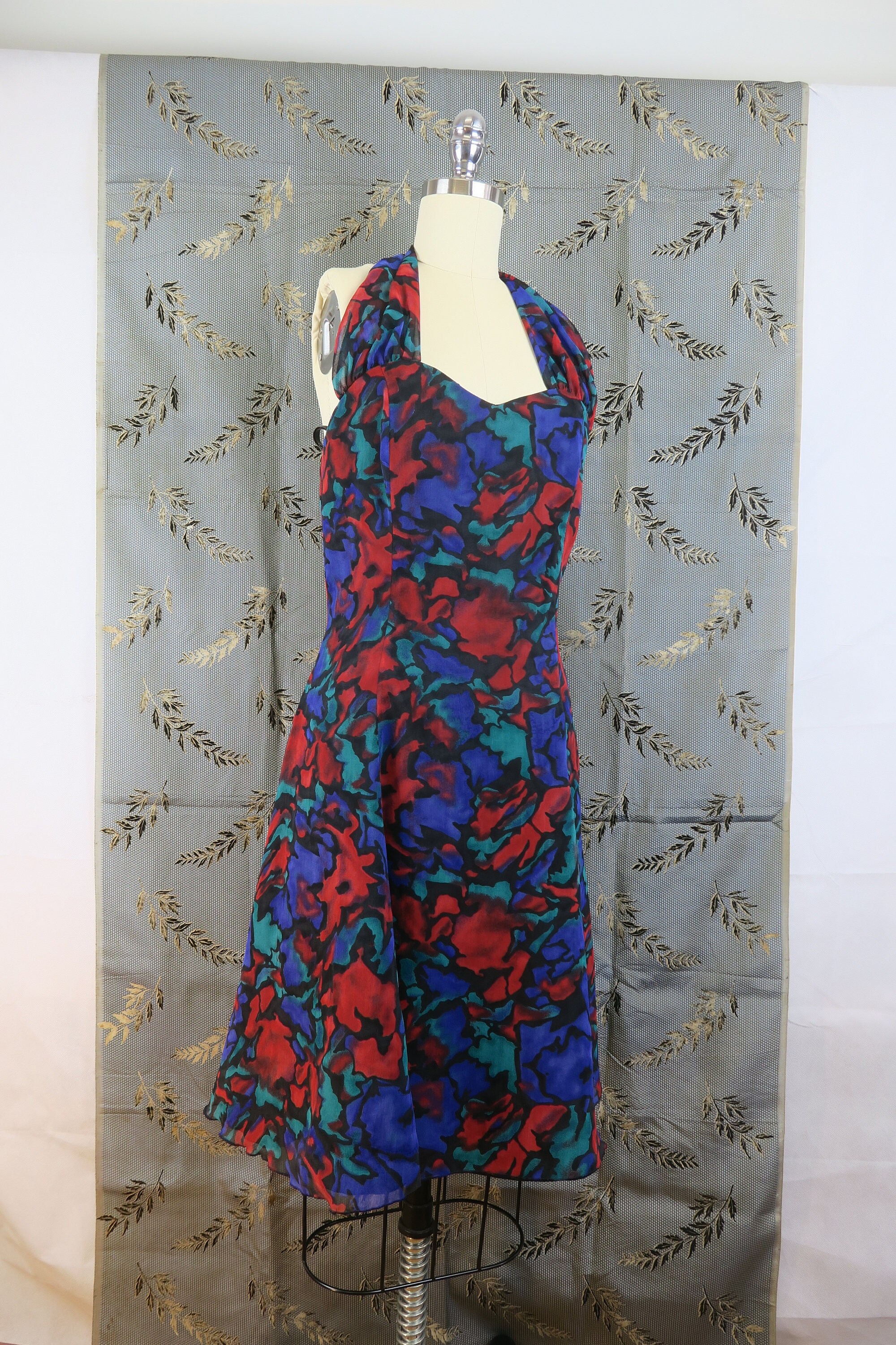 80's halter dress Vintage 80s 90s Halter Neck Chiffon Red Green Blue Black Sweetheart  Neckline Dress Multicolored Sheer Overlay