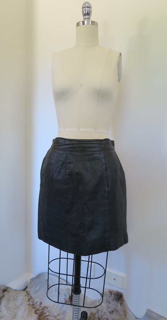 Vintage Black Leather Skirt with Pockets