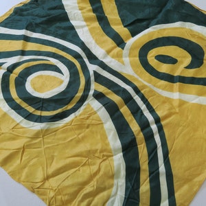 Vintage 70s Green Yellow Swirl Abstract Op Art Pop Art Square Scarf Retro