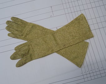 Vintage Gold Sparkly Lurex Long Evening Formal Gloves Retro Mod Bridgerton Regency Cottagecore