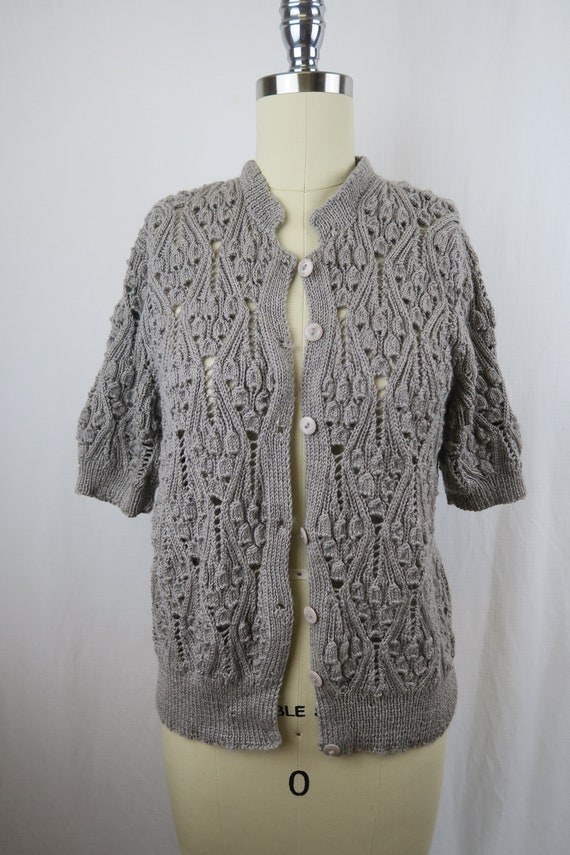 Vintage Handknit Grey Lace Knit Short Sleeve Card… - image 1