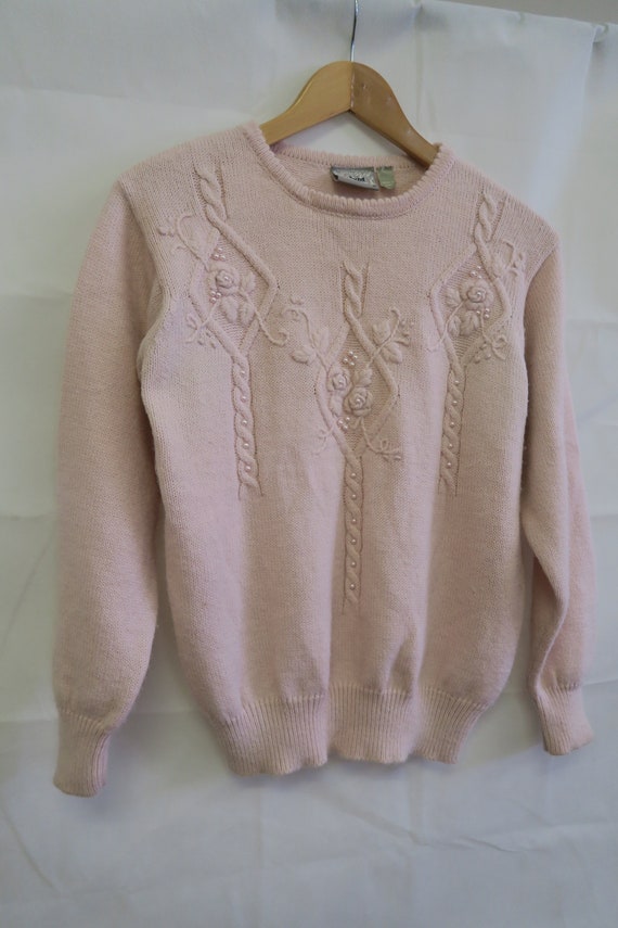 Vintage Pale Pink Rose Embroidered Knit Jumper Sw… - image 8