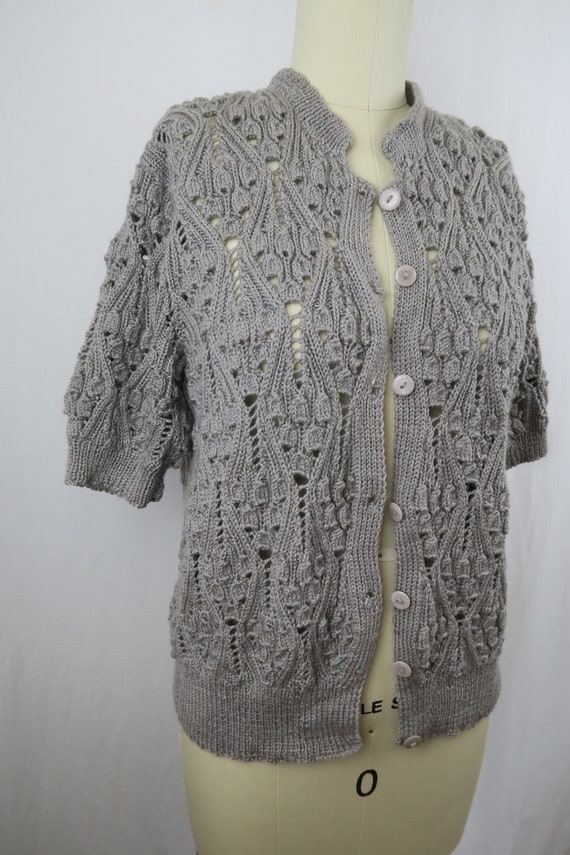 Vintage Handknit Grey Lace Knit Short Sleeve Card… - image 4