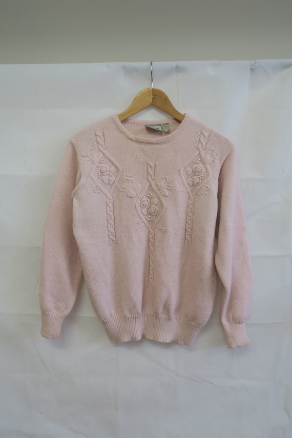 Vintage Pale Pink Rose Embroidered Knit Jumper Sw… - image 1