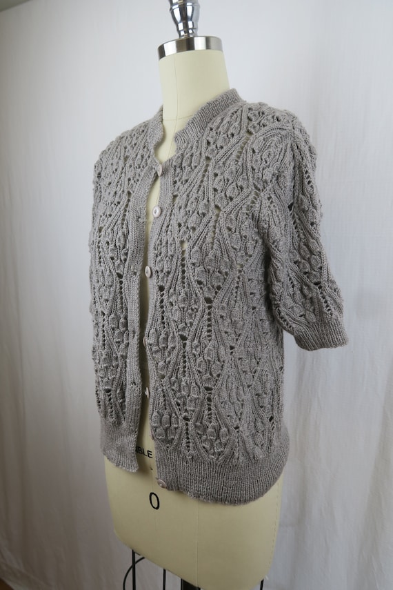 Vintage Handknit Grey Lace Knit Short Sleeve Card… - image 2