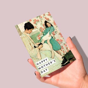 Handgemachte Vintage Muttertagskarte, glückliche Muttertagskarte mit authentischer Vintage Mutter & Tochter Malerei, elegante Kunstkarte für Mama
