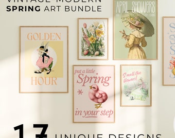 Vintage Modern Spring Original Art Bundle, Spring Gallery Collection, Authentic Vintage Art, Reimagined Art, Wall Art, Pastel Cottage Core