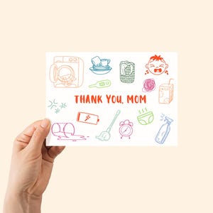Tarjeta del Día de la Madre hecha a mano, tarjeta de agradecimiento para mamá con arte moderno, tareas cotidianas de mamá, tarjeta de felicitación divertida y con la que te identificas, humor de mamá