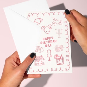 Aangepaste verjaardagskaart met naam en doodles – gepersonaliseerd verjaardagscadeau, unieke handgetekende kaart, volledig aanpasbare kleuren en pictogrammen