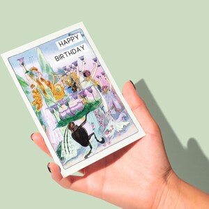 Cartão de aniversário de fada caprichosa, cartão de felicitações de arte vintage, cartão de feliz aniversário feito à mão, fadas de jardim encantadas, cartão de aniversário de fantasia