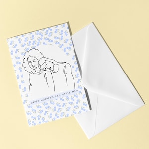 Tarjeta del Día de la Madre hecha a mano para una pareja de lesbianas, tarjeta LGBTQ+ para el Día de la Madre, línea minimalista, diseño floral vintage, arte queer.