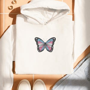 Trans Pride Butterfly Embroidered Hoodie, LGBTQ+ Sweatshirt, Gender Identity Flag Hoodie, Butterfly Embroidery Hoodie, Queer Pride Pullover