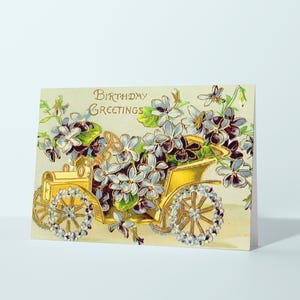 Cartão de feliz aniversário com carruagem vintage, cartão de felicitações de aniversário floral, cartão de aniversário feito à mão, cartão de arte vintage elegante, cartão caprichoso
