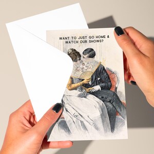 Cartão de amor vintage engraçado, Dia dos Namorados feito à mão, Quer assistir nossos programas, Cartão de casal, Cartão para parceiro, Cartão romântico, Arte vitoriana engraçada