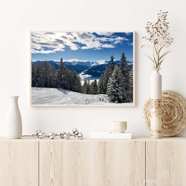 Digital Landscape Print, Mountain Panorama Wall Art, Swiss Alps Photography, Valais | Hitting the slopes - Crans Montana, Switzerland