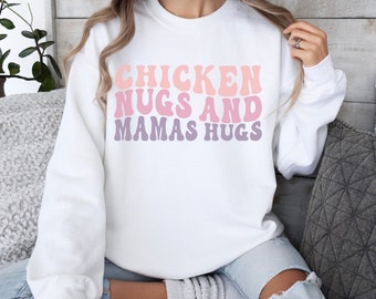 Personalized Mama Sweatshirt, Customizable Mama Shirt, Add Your Kids' Names to the sleeve, Mama shirt with name, Chicken Nugs and Mamas Hugs