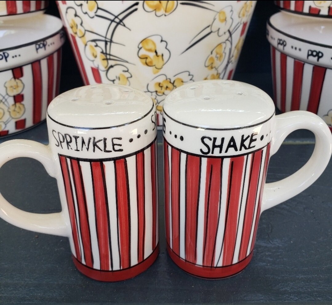 Popcorn for Four 4 Ceramic Bowls, 7 Piece Set, Including Shakers by