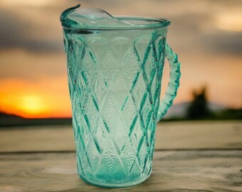 Vintage 70s Anchor Hocking Aqua Glass Pitcher | Kimberly Gemstone Pattern | Textured Diamonds | 68 oz | Large Retro Drinkware ~ RARE