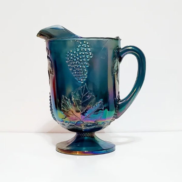 Rare/Vintage Stunning Iridescent Blue Carnival Indiana Glass Pitcher 1971 Harvest Grape Carnival Glass Pitcher 64oz Christmas Gift