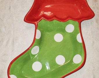 Large Two-Section Hand-Painted Red and Green Ceramic Christmas Stocking Candy Dish 17"H x 15"W x 1.5"D