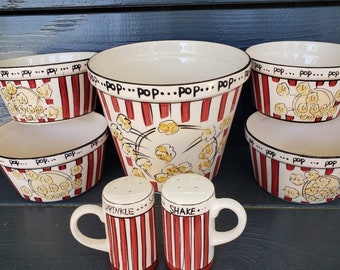 Popcorn For Four (4)) Ceramic Bowls, 7 Piece Set, Including Shakers by Tabletops Unlimited