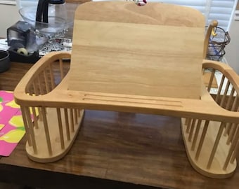 Lg Sturdy Solid Blonde Wood Breakfast in Bed Tray Reading Table With Spindles Side Storage/Book Magazine Holders