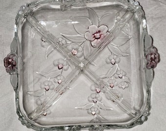 RARE Vintage Mikasa West Germany Crystal Cherry Blossom Pattern 11 1/2" Square Crystal Divided Serving Dish 