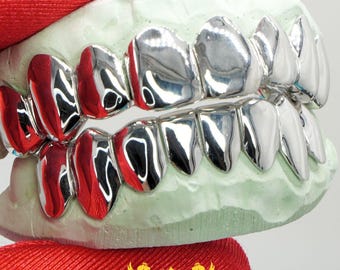 Custom Silver 925 Grillz Full Set, Deep Cut Tooth Caps, Fast Turnaround Mouth Jewelry