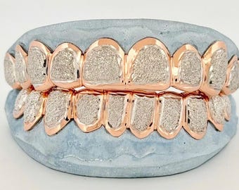 Custom Rose Gold Diamond Dust Grillz Full Set Top Bottom,  Fast Turnaround Mouth Jewelry.