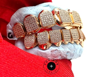 Custom Gold Grillz: Honeycomb CZ Stones, Silver, 10K/14K Gold