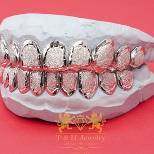 Anpassad Silver Diamond Dust Grillz komplett set topp botten, handgjorda silvertänder, snabb leverans, gratis avtryckskit ingår