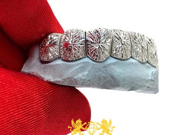 Custom Diamond Dust Starburst Grillz, Six Tooth Frosted Silver Teeth Caps Set with Diamond Cut Starburst Accents