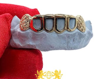 Custom Gold Open Face and Fang Grillz, Four Piece Solid Canine Fangs and Open Window Teeth Caps Set in Gold