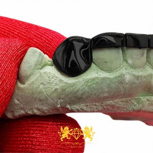 High-shine rose gold canine fangs paired with a solid horizontal bar held securely in red gloved hand