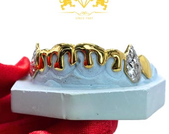 Custom Fangs Grillz: Diamond Dust, 3D Druppelend geelgoud, 925 zilver