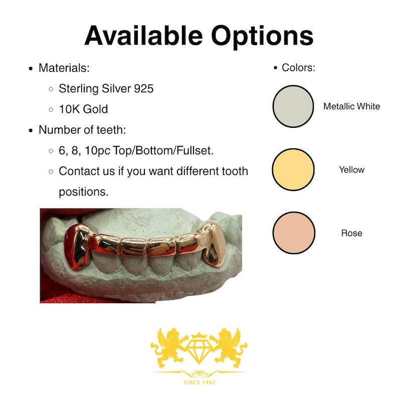 High-shine rose gold custom canine fangs with connecting top bar mounted on dental impression mold