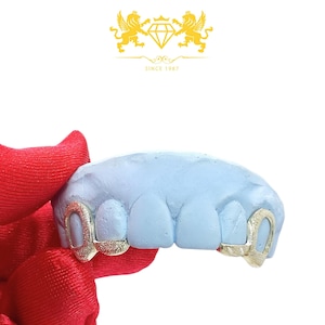 Signature Open Face and Small Fangs with Diamond Dust, Sterling Silver 925, Custom Grillz Trendy Shiny by Authentic 10K Gold, 14K Gold