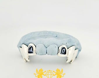 Grillz Fangs personalizado: abierto, plateado, dorado, kit de molde gratuito