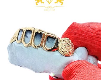 Grillz abierto: plata de ley, oro de 10 quilates y 14 quilates, polvo de diamante y colmillos